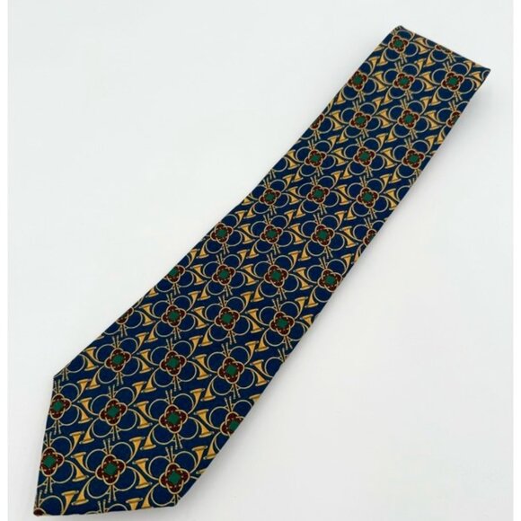 Men's Vintage Tie - Nic's Toggery of Tallahassee, Fl, 100% Silk, Blue/Gold Horns - Picture 1 of 2